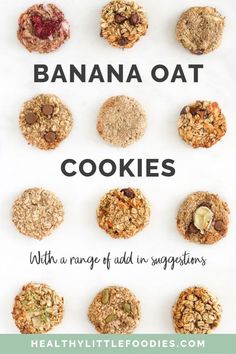 banana oat cookies on a white background with text overlay