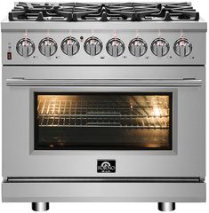 an oven with four burners and one door open