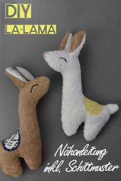 two stuffed animals sitting next to each other on top of a gray background with the words diy lamaa