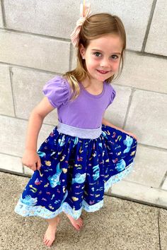 Pout-Pout Fish Themed fun twirl dress. Knit comfy bodice and woven twirl skirt. The last 6 and 8 sold with have purple trim on the skirt.