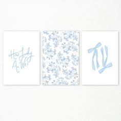 three cards with blue and white designs on them