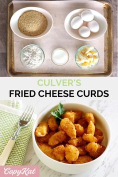 the ingredients for culver's fried cheese curls in bowls