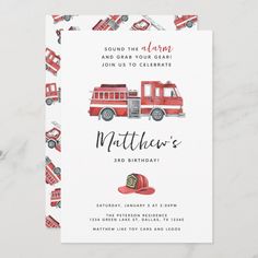 a red fire truck birthday party card