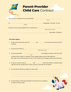 a child care agreement with a horse on it and the words parent - provided child care contract