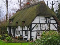 a white and black house with a thatched roof