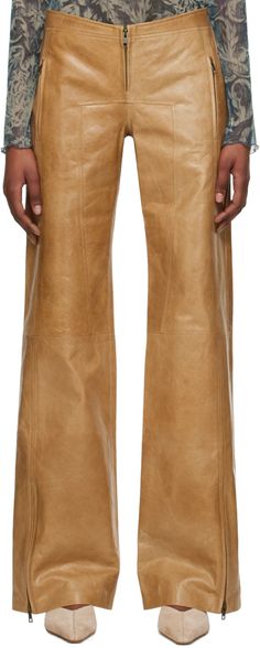 Grained leather pants. · Zip-fly · Four-pocket styling · Zip expansion panel at outseams · Partial Cupro twill lining Supplier color: Tan Diesel Leather Pants, Cowhide Pants, Fashion Illustration Template, Cowboy Jeans, Senior Thesis, Core Outfits, Cowboy Pants, Illustration Template, Leather Skirts