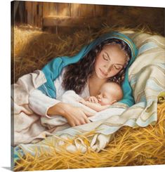 a painting of a woman holding a baby wrapped in a blanket with the words, for who is a child is born, and as son is given