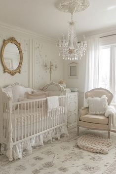 a baby's room with a crib, rocking chair and chandelier