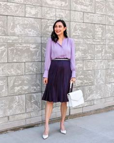 How to Style Purple Skirt? 25 Outfit Ideas Purple skirt outfit Purple Pleated Skirt Outfit, Purple Skirt Outfits, Lavender Skirt Outfit, Satin Skirt Outfit Fall, Midi Satin Skirt Outfit, Pleated Skirt Outfit Summer, Purple Skirt Outfit, Long Purple Skirt, Purple Midi Skirt