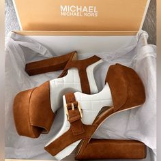 Brand New! Designer Suede Platform Heels, Designer Suede Block Heels, Designer Suede Block Heel, Modern Brown Suede Heels, Open Toe Heels, Cute Nike Shoes, Cute Nikes, Michael Kors Shoes, Shoes Women Heels