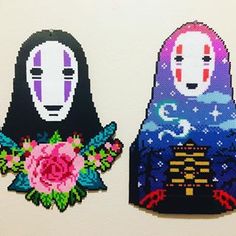 two pixelated images of women with flowers in their hair, one wearing a kimono