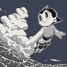 a drawing of a boy riding a wave on top of a surfboard