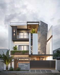 an architectural rendering of a modern house with balconies and plants on the balcony