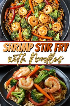 shrimp stir fry with noodles and vegetables in a skillet