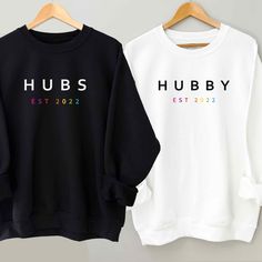 "The Price is per sweatshirt. HOW TO ORDER: 1. Choose the color and the size you want. 2. In the personalization box, please write the print you want - Hubs or Hubby and the year. 3. Repeat for each sweatshirt. Sweatshirt Details: * 50% cotton, 50% polyester * Pre-shrunk * Classic fit * 1x1 athletic rib knit collar with spandex * Air-jet spun yarn with a soft feel and reduced pilling * Double-needle stitched collar, shoulders, armholes, cuffs, and hem Unisex is a traditional fitted men's t-shirt Gay Wedding Outfits, Gay Wedding Ideas Decor, Two Grooms, Pride Stuff, Lgbtq Rainbow, Sweatshirt Details, Pride Tees, Matching Sweaters, Family Tees