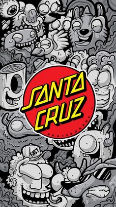 an image of santa cruz in the middle of a group of cartoon characters with words on them