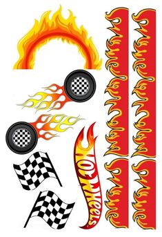 an assortment of racing decals with flames and checkered flags