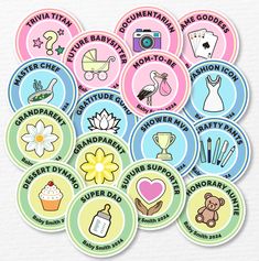 stickers with different types of baby items and names on them, all in pastel colors