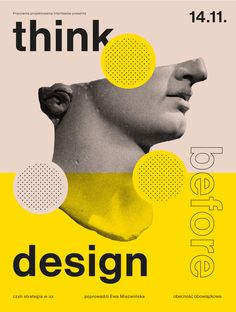 a poster with an image of a man's head and the words think design