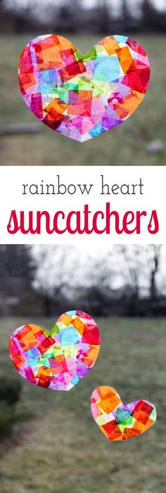 rainbow heart suncatchers made out of paper with text overlay reading rainbow heart suncatchers