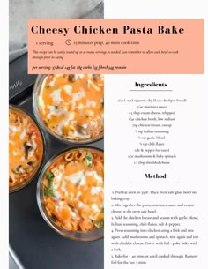 the recipe for cheesy chicken pasta bake is shown in an article about how to make it