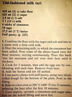 an old fashioned milk tart recipe is shown