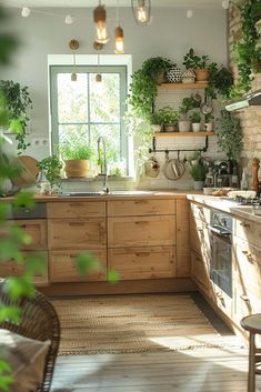 a kitchen filled with lots of wooden furniture and potted plants on top of the counters