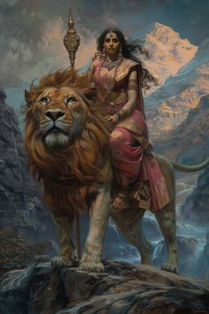 a woman riding on the back of a lion