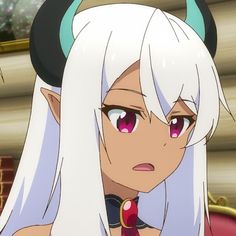 an anime character with white hair and horns on her head looking at the camera,