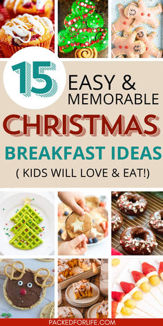 9 Christmas morning breakfast ideas kids will love; muffins, christmas tree cinnamon rolls & waffles, gingerbread people pop tarts, pancakes, grinch fruit kabobs Christmas Themed Breakfast, Breakfast Ideas Christmas, Food Breakfast Ideas