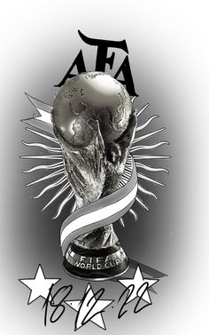 the world cup trophy is on display in black and white, with stars around it