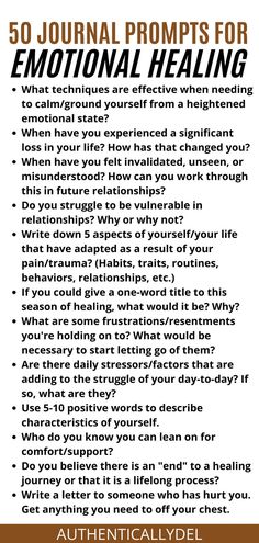 50 journal prompts for emotional healing How To Heal Yourself Journal Prompts, Aa Journal Prompts, How To Journal For Therapy Feelings, Journal Prompts For Recovery, Journal Prompts For Divorce, Journal Prompts For Getting Over Someone, Journal Ideas Healing, Journaling For Healing, Therapy Journaling Prompts