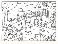 a black and white drawing of a farm scene with pumpkins in the foreground