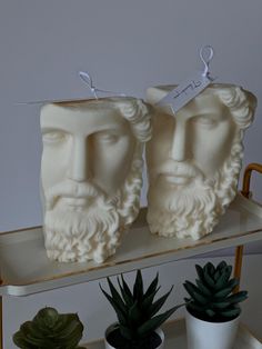 two statues of men with beards are sitting on a shelf next to succulents