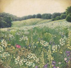 a painting of flowers and grass in a field