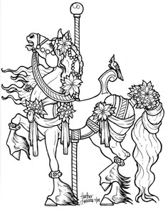 a black and white drawing of a horse with flowers on its head, standing next to a