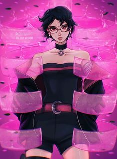 an anime character with black hair and glasses on her head, standing in front of pink background