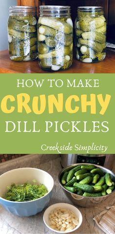 two jars filled with pickles sitting on top of a counter next to bowls and spoons