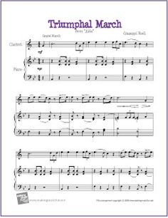 the trumpet march sheet music score for trombone and piano, with notes in purple text