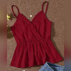 Brand New Shein Vcay Allover Print Frill Trim Cami Top In Burgandy. Size Large Red Camisole Top For Vacation, Red Casual Cami Top, Casual Red Cami Top, Trendy Tops For Women Casual, Mary 1, Clothes Board, Fashion Top Outfits, Trendy Tops For Women, Trendy Fashion Tops