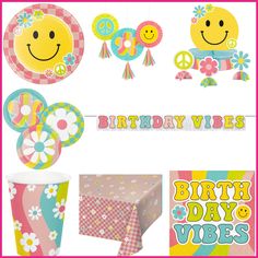 a birthday party set up with decorations, paper plates and napkins for a child's birthday