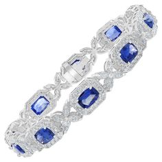 Get Ready for the summer with this vibrant Blue Sapphire bracelet. Showcases color-rich 10 cushion-cut blue sapphires weighing 10.47 carats total; surrounded by a single row of brilliant round diamonds weighing 3.09 carats total. These Sapphires are linked with flower shape Marquise diamonds weighing 1.48 carats total. A magnificent bracelet made for any occasion. Blue Sapphire Bracelet, Diamond Cuff Bracelet, Pretty Jewelry, Sapphire Bracelet, Marquise Diamond, Vibrant Blue, Sapphire Diamond, Pretty Jewellery, Cushion Cut