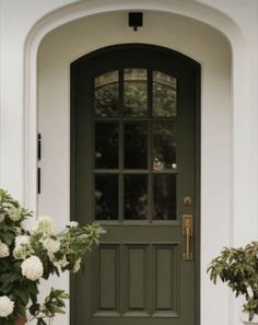 a green front door with two potted plants on the side and one planter full of white flowers