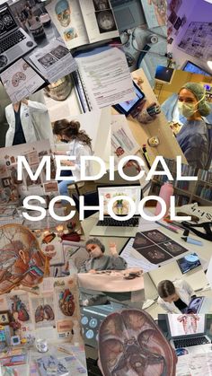 a collage of medical school pictures with the words medical school on it's side