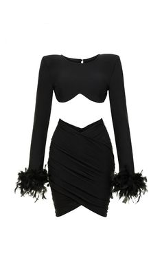 The AUBRIE two piece set is crafted from our luxe bandage fabric. This style features a bralette bustier top and a V high waisted mini skirt that sits right on the waist to accentuate the silhouette. A statement piece designed for the glamorous holiday parties! Black Stretch bandage Long sleeve Bralette feather detailing on the sleeves Shoulder Padded High waisted V Mini Skirt Skirt: Invisible side zipper Dry clean only Designed in USA Model wears a size Small Model is 5'10” tall and weights 130 Chic Bodycon Crop Top For Party, Chic Bodycon Crop Top For Night Out, Chic Mini-length Two-piece Party Dress, Black Two-piece Crop Top For Night Out, Fitted Two-piece Mini Dress For Night Out, Chic Black Two-piece Crop Top, Black Two-piece Party Dresses, Black Two-piece Dress For Party, Chic Club Bandage Crop Top