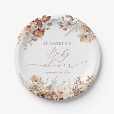 a personalized paper plate with flowers and leaves on the bottom that says, elizabeth's baby shower