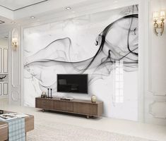 an elegant living room with white walls and marble wallpaper, along with a large tv