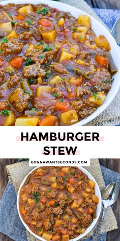 hamburger stew in a white bowl on top of a wooden table with text overlay