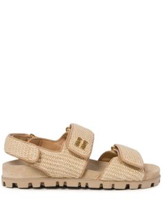 sesame beige woven wicker design leather trim gold-tone logo lettering double-strap design two touch-fastening straps ankle touch-strap fastening branded suede footbed ridged rubber sole Miu Miu Sandals, Woven Sandals, Miu Miu Shoes, Chanel 2, Ballet Pumps, Iconic Bags, Boot Pumps, Ski Wear, Pump Sandals