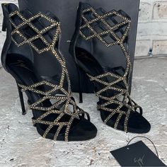 Giuseppe Zanotti Black Crystal Embellished Suede Cut Out Sandals Size 41 Only Worn A Few Times. Box And Tag Of Authenticity Included. Cutout Heels, Zanotti Shoes, Giuseppe Zanotti Shoes, Black Crystals, Heeled Sandals, Giuseppe Zanotti, Shoes Women Heels, Sandals Heels, Shoes Heels